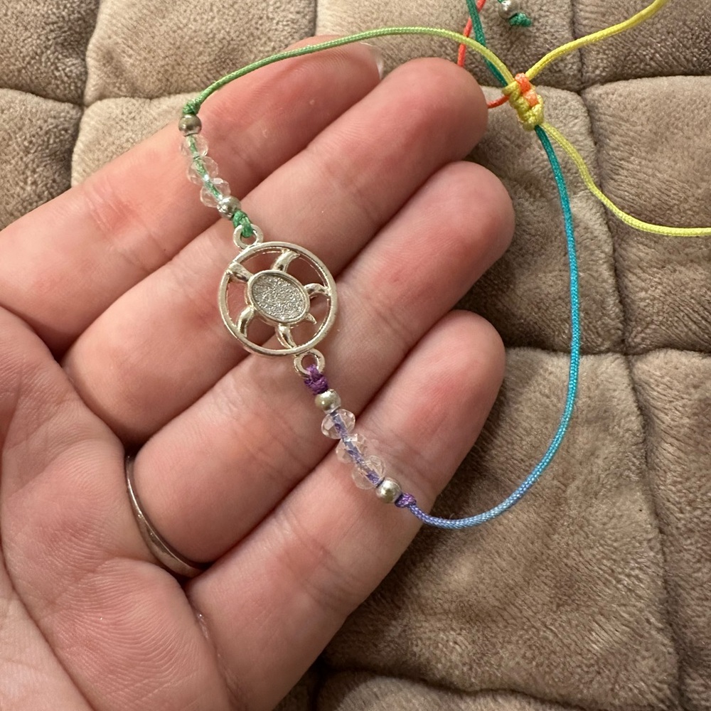 Silver and Multicolor Turtle Adjustable Beaded Bracelet